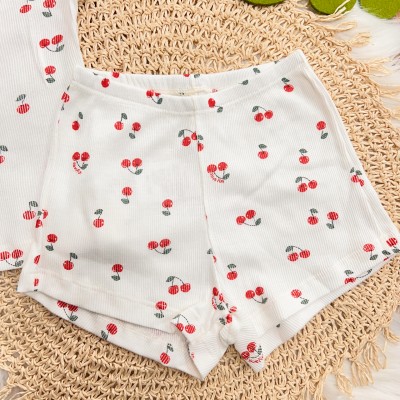  Pijama Blusa e Short Ribana com Cerejas - Off White